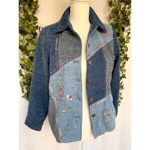 Vintage 90's Alfred Dunner Blue Tweed Patchwork Floral Embroidery Button Jacket